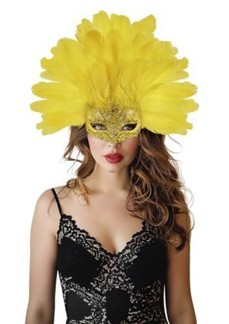 7378 Yellow Feather Masquerade Mask Headwear Carnival Headpiece Showgirl